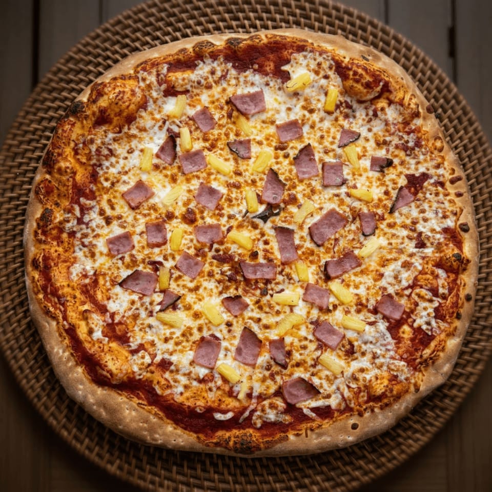 Whole cheese pizza topped with diced ham and pineapple on a woven plate.