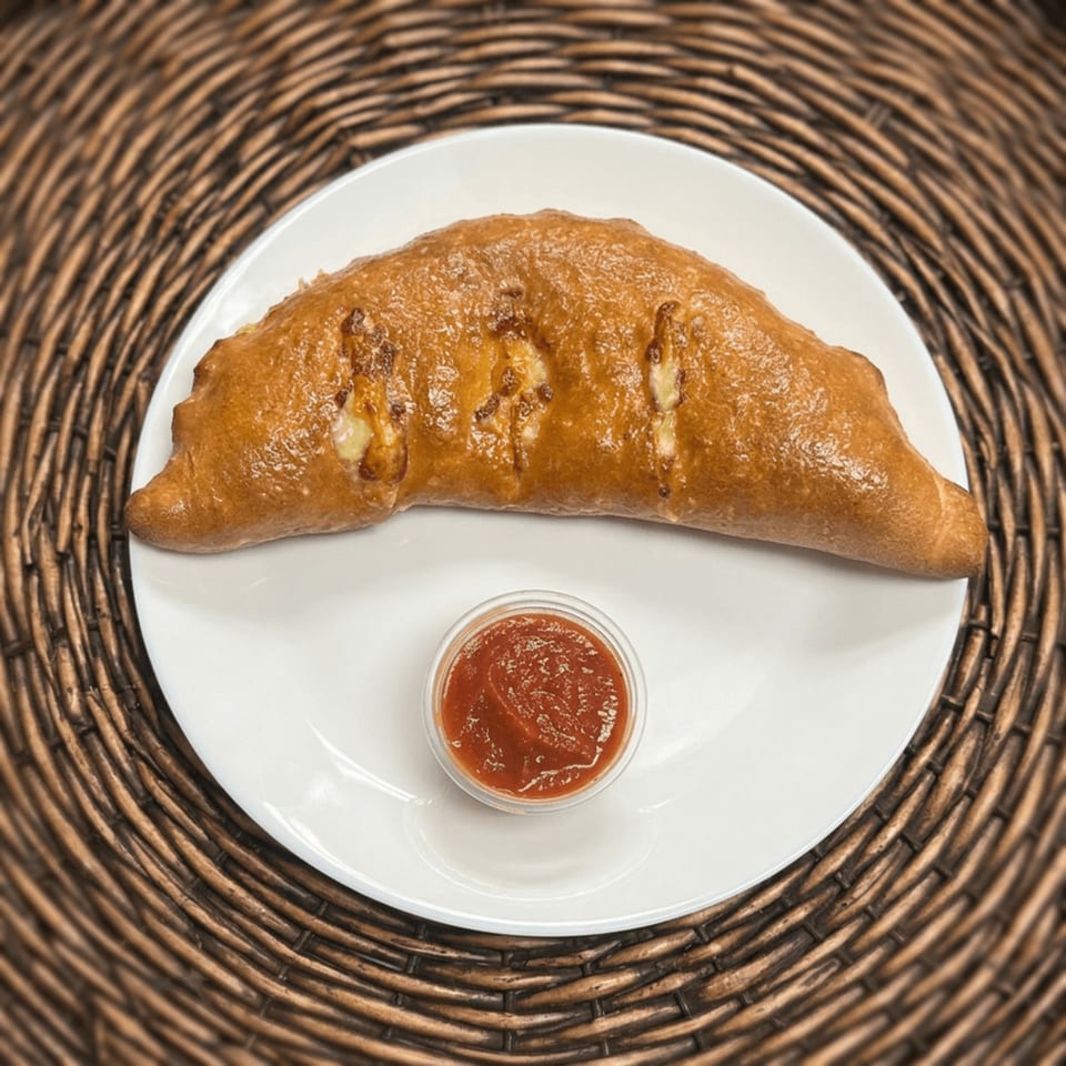 Golden-brown stuffed pastry served on a white plate with a small bowl of red dipping sauce.